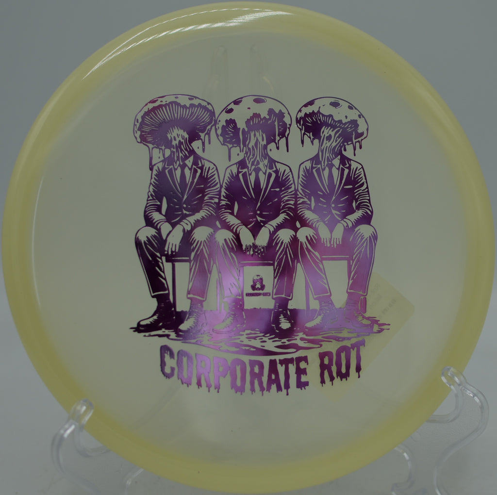 Doomsday Discs Glow Isolation Rot putter glowing eerily during night rounds at Maple Hill Disc Golf Course in Leicester, Massachusetts.