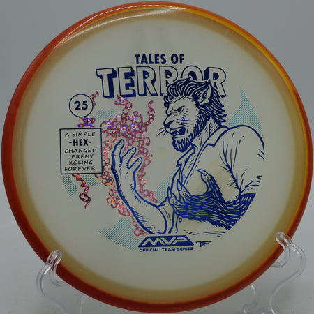 Jeremy Koling Particle Eclipse Hex 2025 Halloween Series midrange glowing on a hyzer line through the tight fairways at Milo McIver Disc Golf Course in Estacada, Oregon.