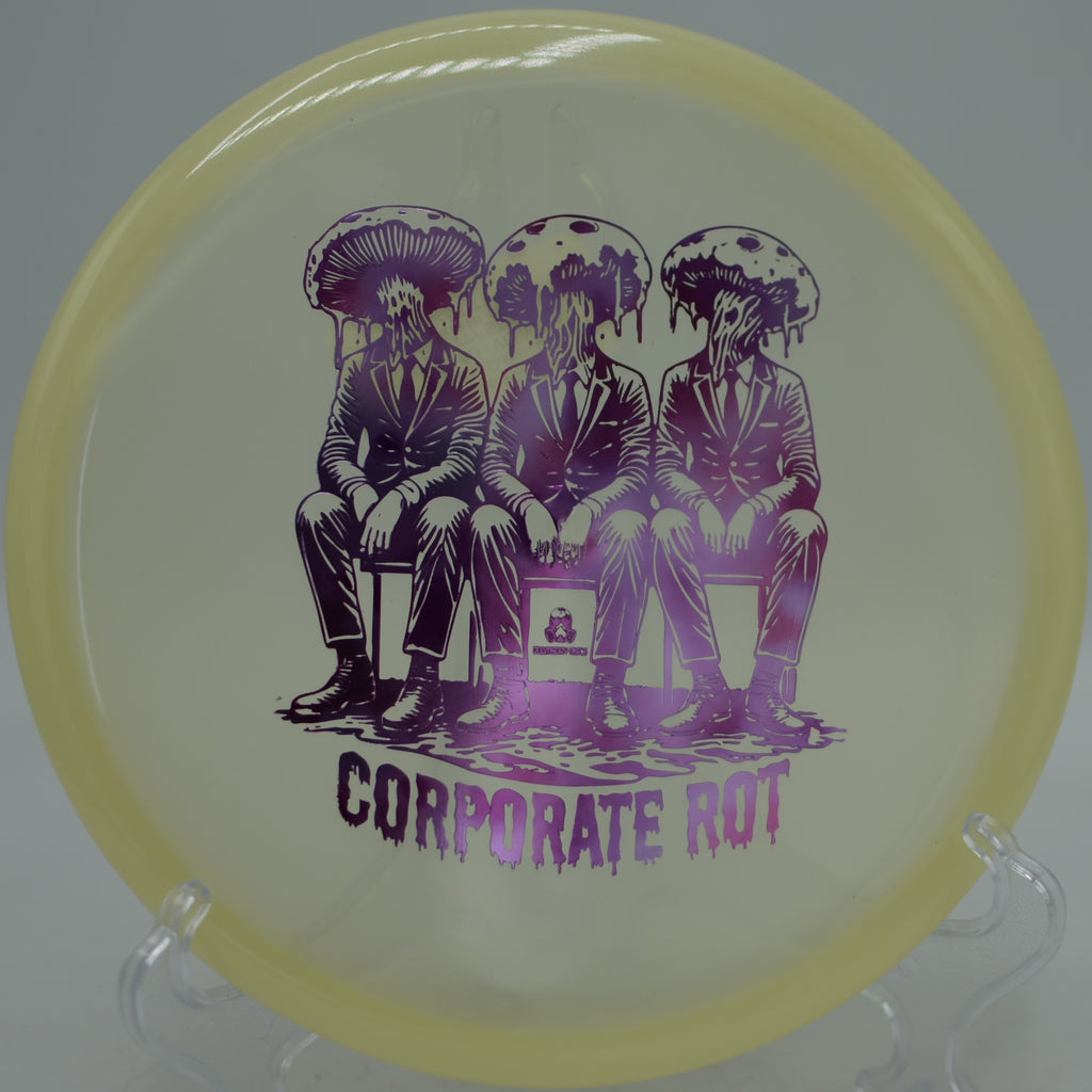 Rot Glow Isolation Doomsday Discs overstable approach disc cutting through fog at Idlewild Disc Golf Course in Burlington, Kentucky.