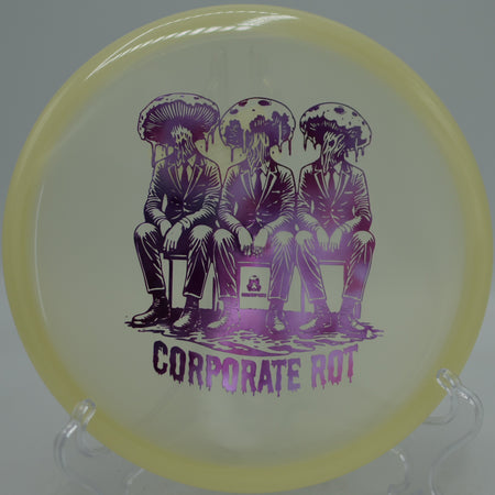 Rot Glow Isolation Doomsday Discs overstable approach disc cutting through fog at Idlewild Disc Golf Course in Burlington, Kentucky.