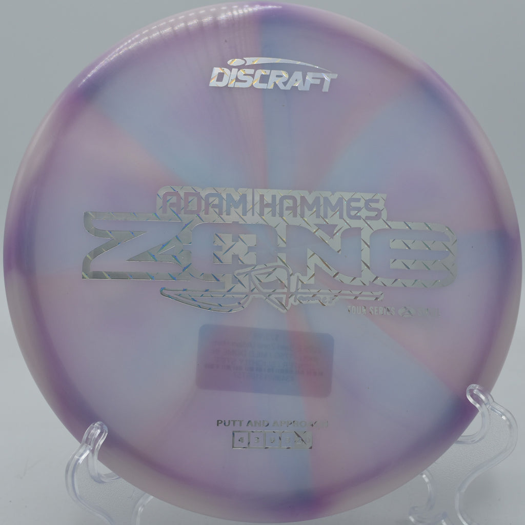 Close-up of Z Swirl Zone with pink swirl pattern at DeLaveaga Disc Golf Course in Santa Cruz, California.