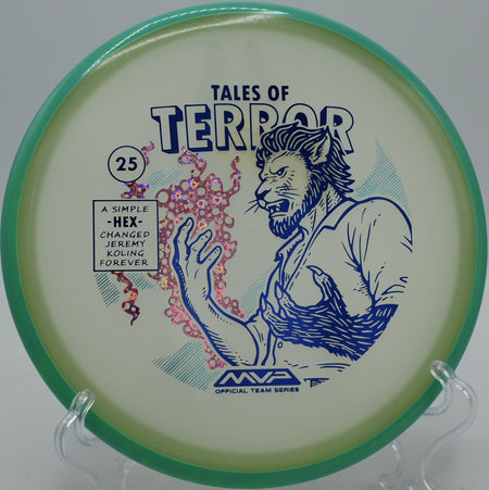 Particle Eclipse Hex Jeremy Koling 2025 Halloween disc flying smooth and straight over the fairway at Hornets Nest Disc Golf Course in Charlotte, North Carolina.