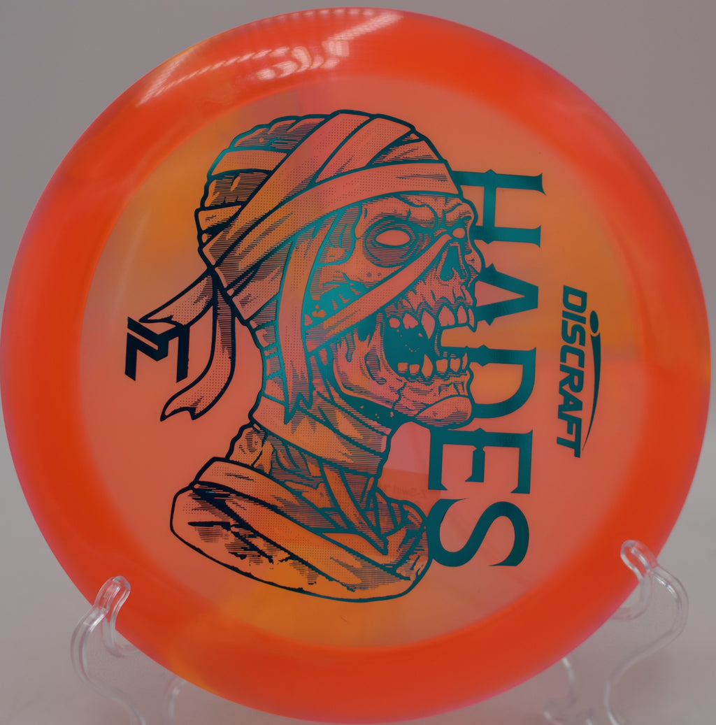McBeth Z Swirl Hades launched on a downhill distance drive at Harmon Hills Disc Golf Course in Fall Branch, Tennessee.