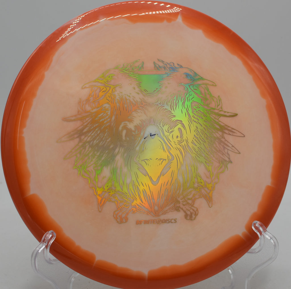 Halo S-Blend X-Out Chariot Infinite Discs dependable midrange floating to the pin at Northwood Black Disc Golf Course in Morton, Illinois.