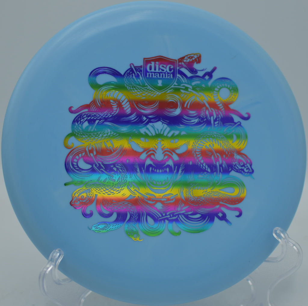 Hard Exo Lumen Link Medusa Stamp putter offering confident glow putts at Northwood Black Disc Golf Course in Morton, Illinois.