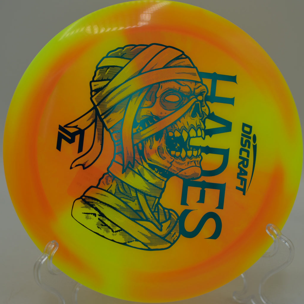 Player gripping the Mummified Z Swirl Hades for a clean release at DeLaveaga Disc Golf Course in Santa Cruz, California.