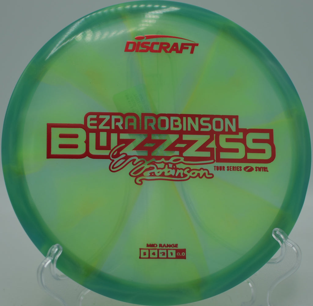Discraft Z Swirl Buzzz SS Ezra Robinson 2025 gliding laser-straight at Maple Hill Disc Golf Course in Leicester, Massachusetts.