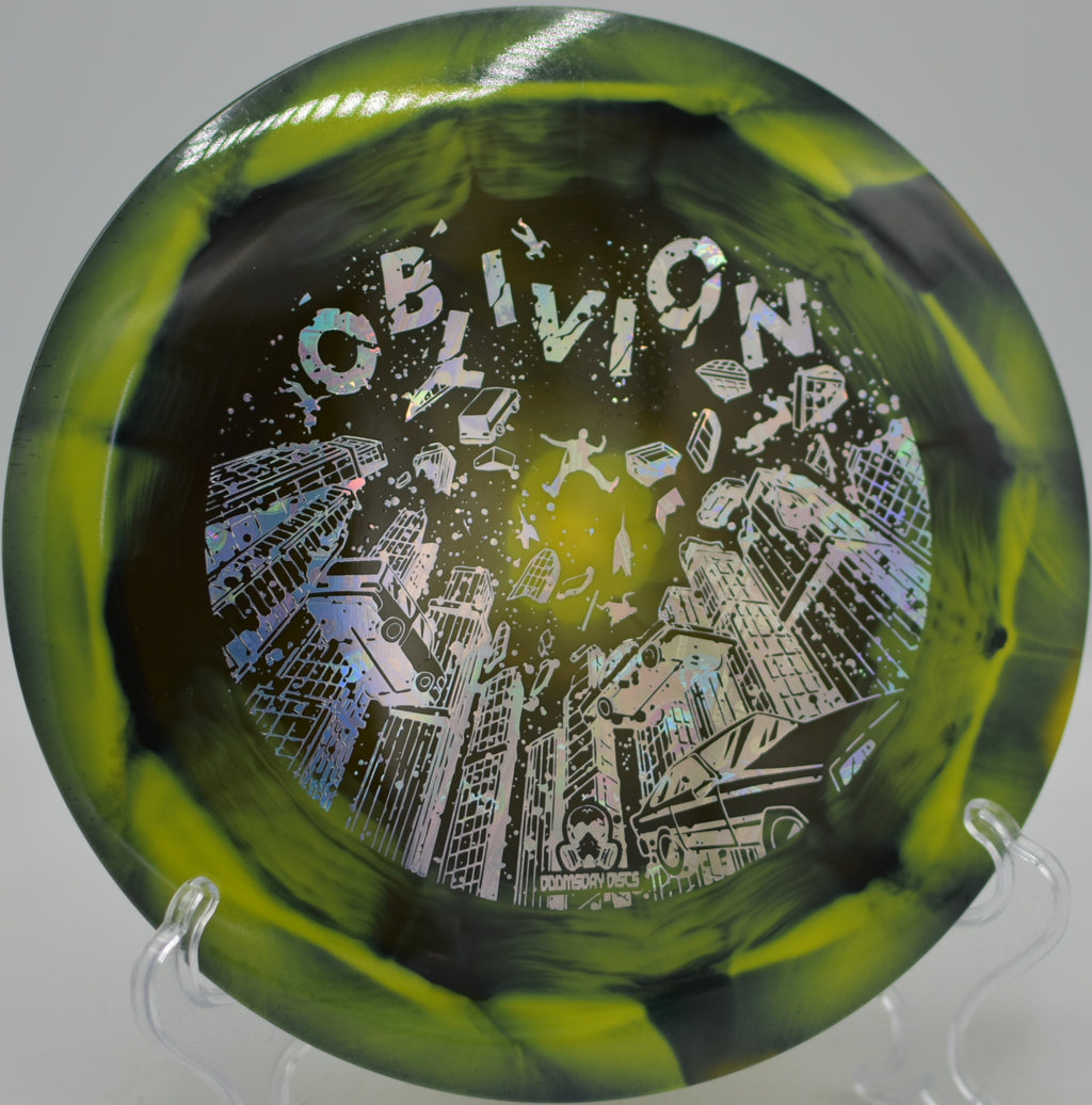 Retina Oblivion high-speed distance driver flying flat and long at Morley Field Disc Golf Course in San Diego, California.