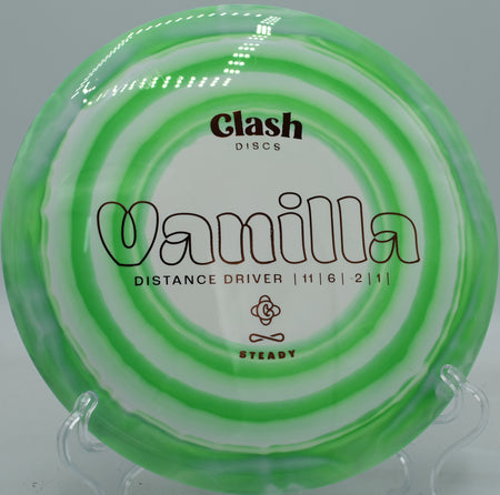 Vanilla in Steady plastic flying flat with extended glide before a soft finish at Idlewild Disc Golf Course.
