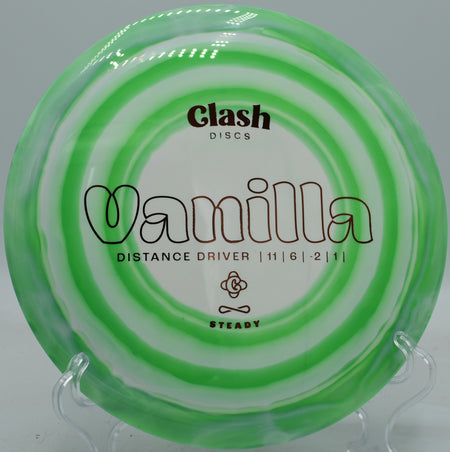 Controlled hyzer-flip drive with the Steady Vanilla holding a laser-straight line at Tyler State Park in Pennsylvania.