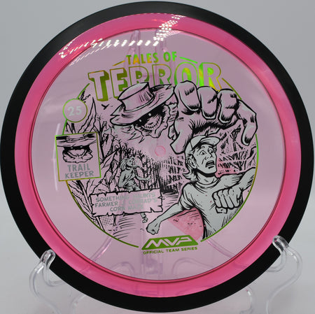 MVP Trail in Proton plastic with Halloween stamp pushing through headwind at East Roswell Park DGC in Georgia