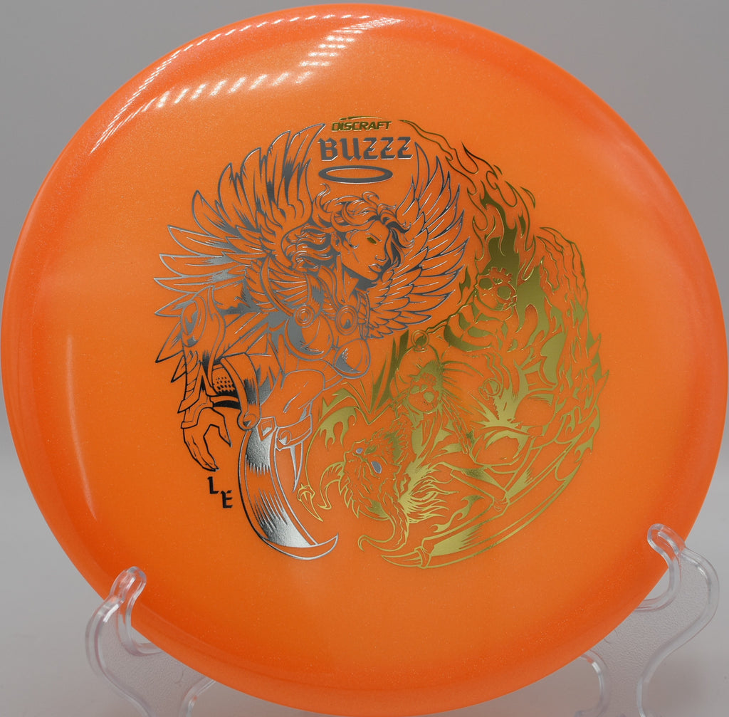 Discraft Colorshift Buzzz glowing against a twilight backdrop at Winthrop Gold in Rock Hill, South Carolina, trusted for night rounds and line-holding consistency.