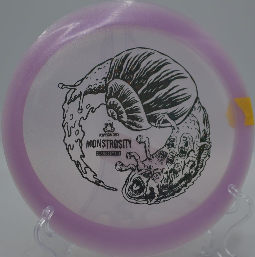 Doomsday Discs Monstrosity Clandestine plastic thrown forehand for a chaotic flex at Tyler State Park Disc Golf Course in Newtown, Pennsylvania.
