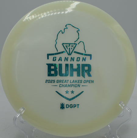 Glow C-Line FD2 Gannon Buhr Triumph Series 2025 GLO edition ripping a straight forehand at Idlewild Disc Golf Course in Burlington, Kentucky.