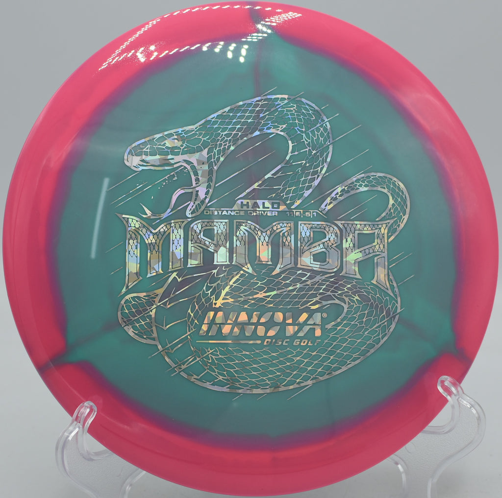 Innova Halo Star Mamba understable distance driver launched on a hyzer-flip turnover shot at Maple Hill Disc Golf Course in Leicester, Massachusetts