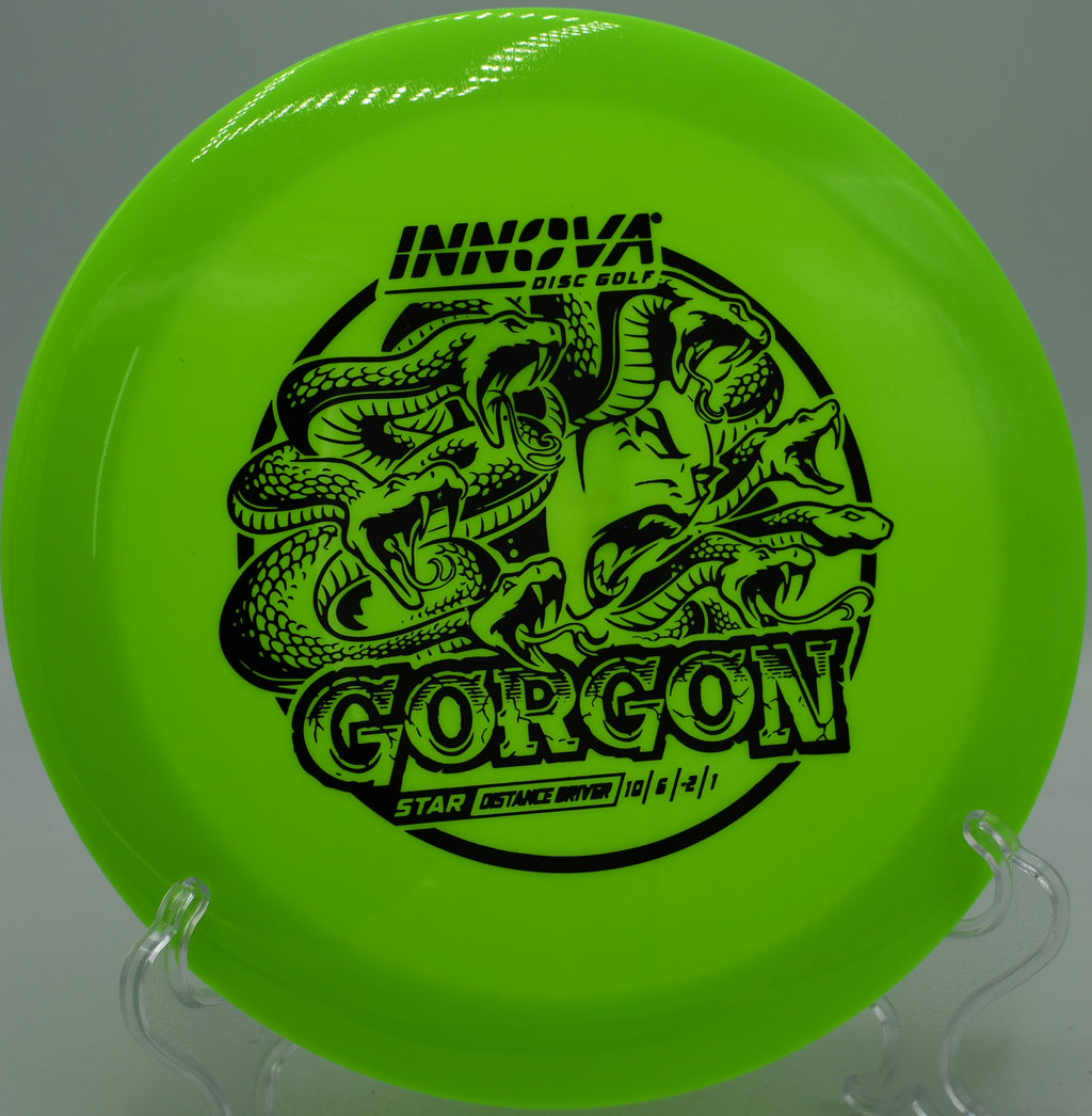 Innova Star Gorgon used for backhand distance drive at Water Works Park in Kansas City, Missouri