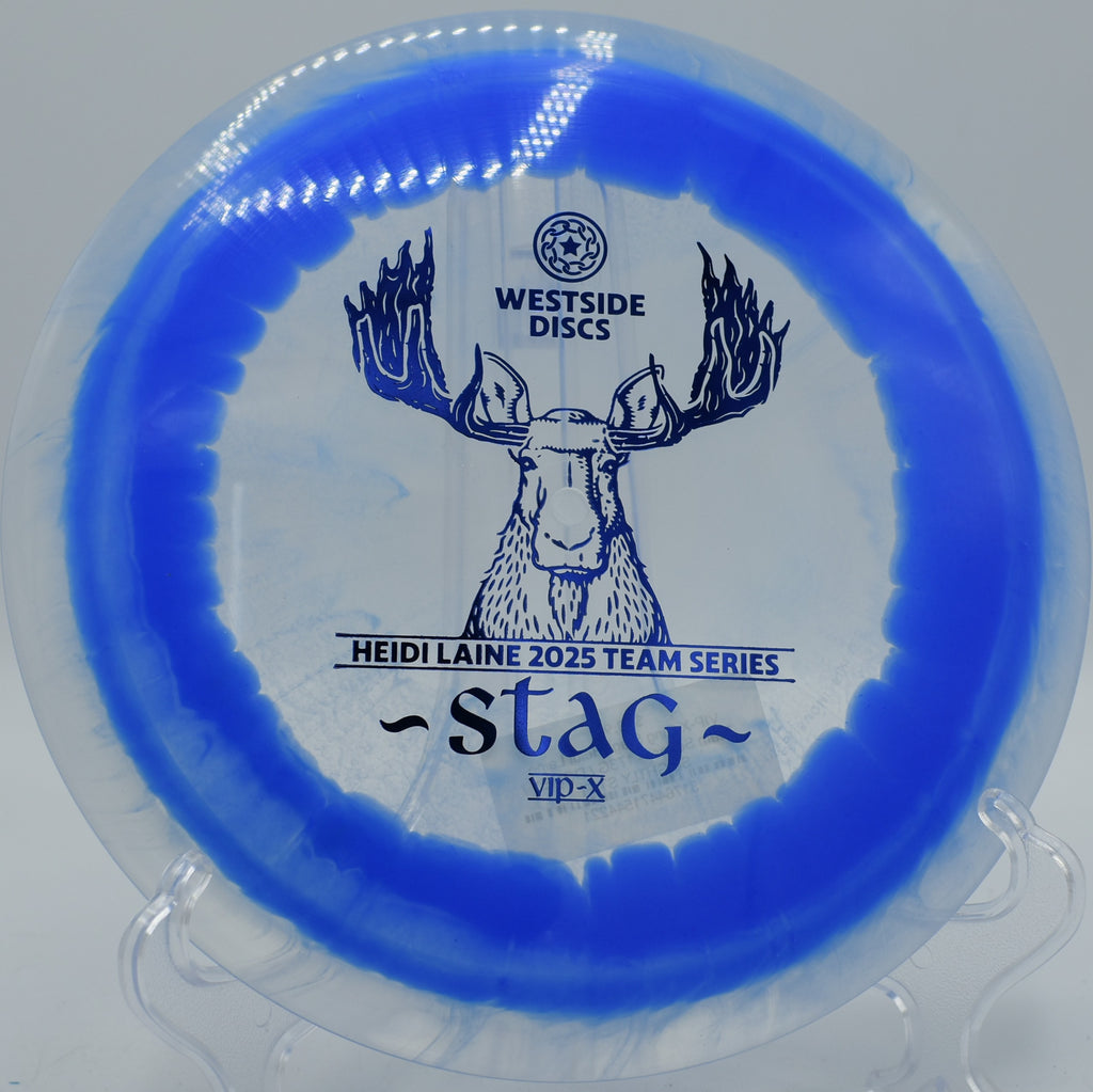 VIP-X Ring Stag Team Series driver flying on a hyzer at Maple Hill Disc Golf Course in Leicester, Massachusetts, with orbit-style rim and controlled fade.