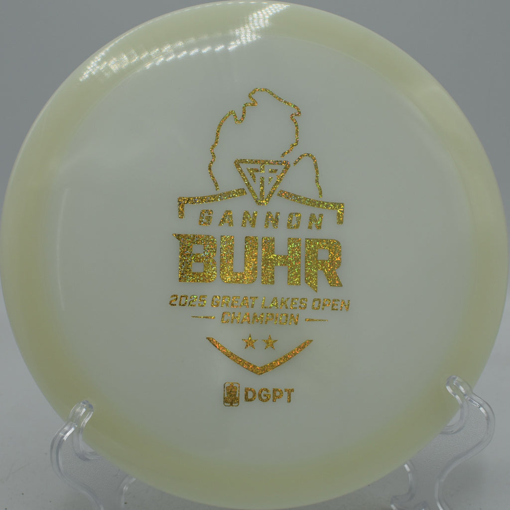 Glow C-Line FD2 Gannon Buhr Discmania Triumph Series 2025 driver holding a flat release at Lincoln Ridge Disc Golf Course in Independence, Kentucky.