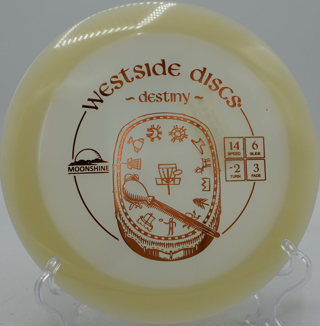 Westside Discs VIP Moonshine Destiny glowing understable distance driver hyzer-flipping at Maple Hill Disc Golf Course in Leicester, Massachusetts.