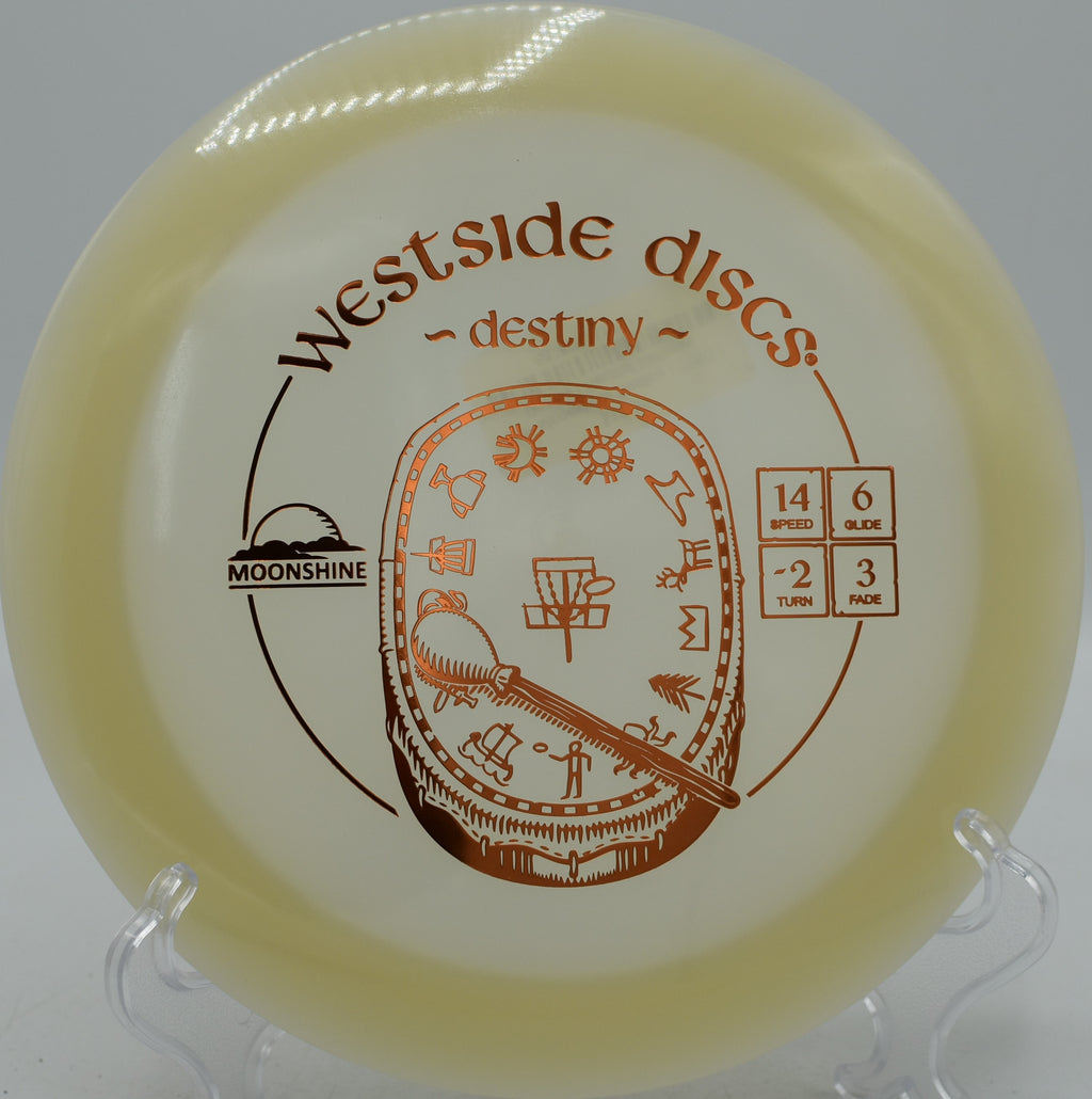 VIP Moonshine Destiny Westside glow driver gliding on a long turnover at Idlewild Disc Golf Course in Burlington, Kentucky.