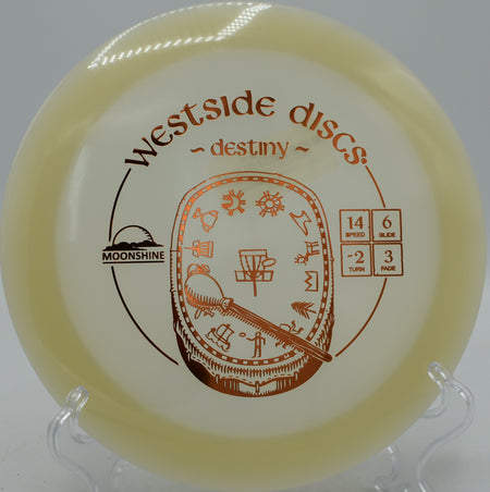 VIP Moonshine Destiny Westside glow driver gliding on a long turnover at Idlewild Disc Golf Course in Burlington, Kentucky.