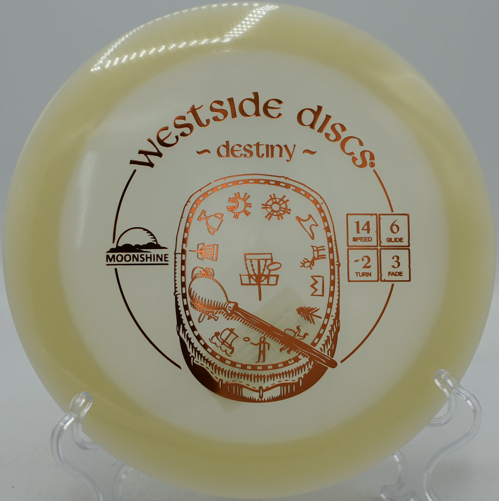 VIP Moonshine Destiny Westside Discs glow distance driver parked on a wide anhyzer at Moraine State Park Disc Golf Course in Portersville, Pennsylvania.