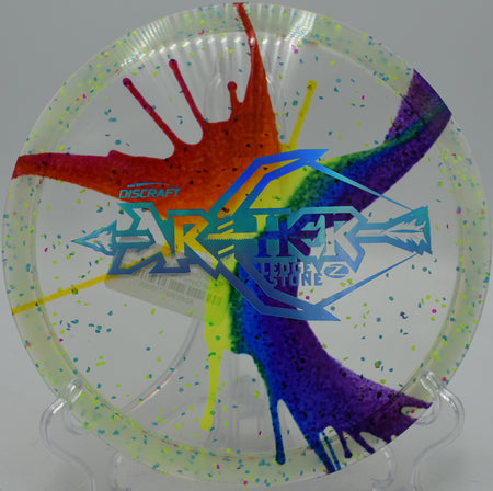 Archer utility disc launched on a touch shot at DeLaveaga Disc Golf Course in Santa Cruz, California