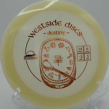 VIP Moonshine Destiny Westside glow plastic disc soaring straight with glide at Blue Ribbon Pines Disc Golf Course in East Bethel, Minnesota.