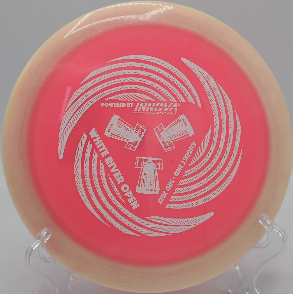 Innova TFR Proto Glow Halo Star Destroyer glowing distance driver unleashing a power hyzer at Fox Run Meadows Disc Golf Course in Jeffersonville, Vermont.