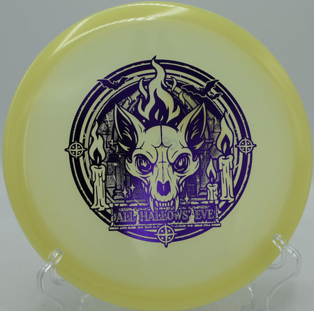 Glow Champion Fox disc launched for glow round play at Horning’s Hideout Disc Golf Course in North Plains, Oregon