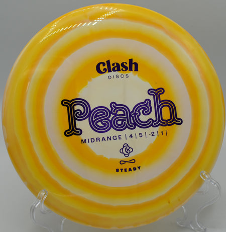 Clash Discs Steady Ring Peach carving a soft anhyzer on Hole 9 at Rock Ridge Disc Golf Course, Pittsboro, North Carolina.