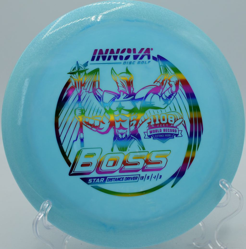Innova Star Boss distance driver flying downhill with glide at Blue Ribbon Pines in East Bethel, Minnesota