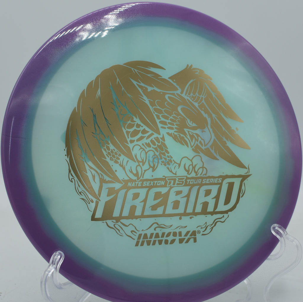 2024 Firebird showing off a dramatic overstable skip finish on firm ground at Rocklin DGC in California.