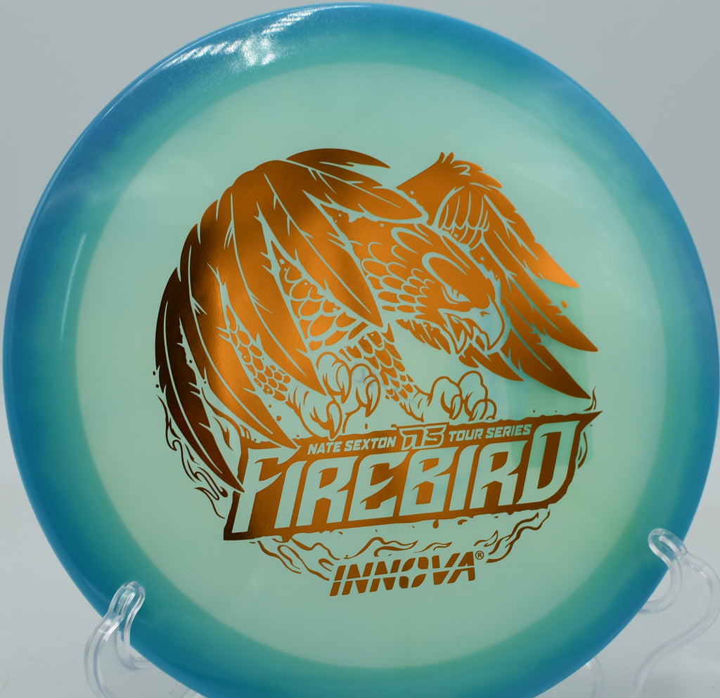 Sunset glow round with a 2024 Sexton Firebird lighting up a tight hyzer line at Water Works Park in Missouri.