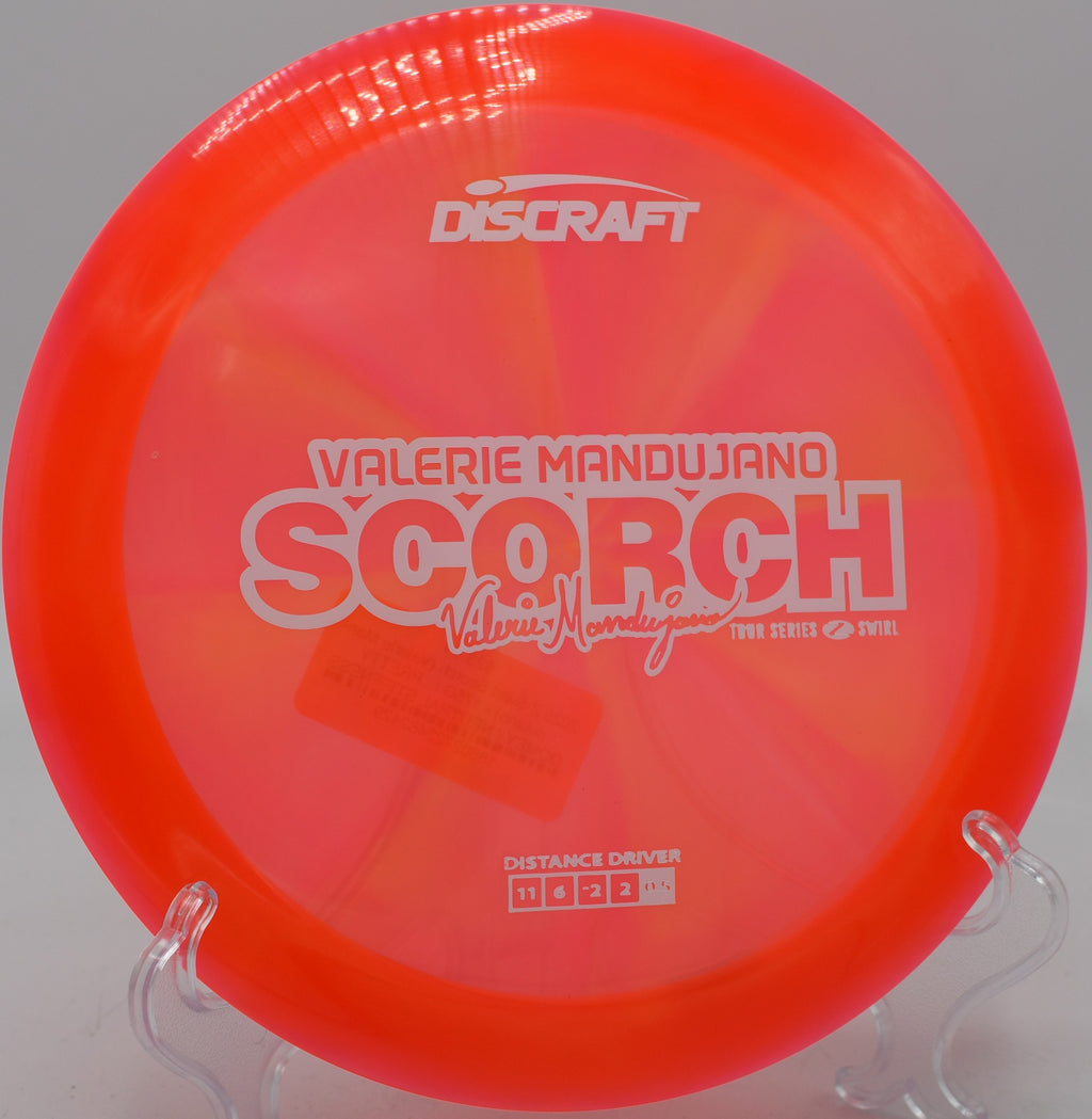 Beautiful swirl plastic Scorch flying over rolling hills at Milo McIver in Estacada, Oregon.