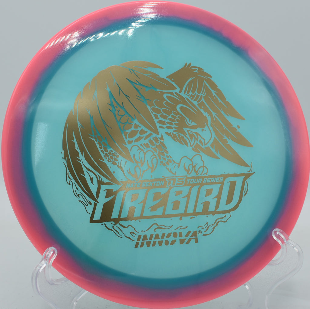 Player unleashes a forehand roller with the Sexton Firebird that predictably fights out early at Pier Park in Portland.