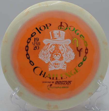 TFR Proto Glow Halo Star Destroyer Innova distance driver glowing on a flex line at Maple Hill Disc Golf Course in Leicester, Massachusetts.