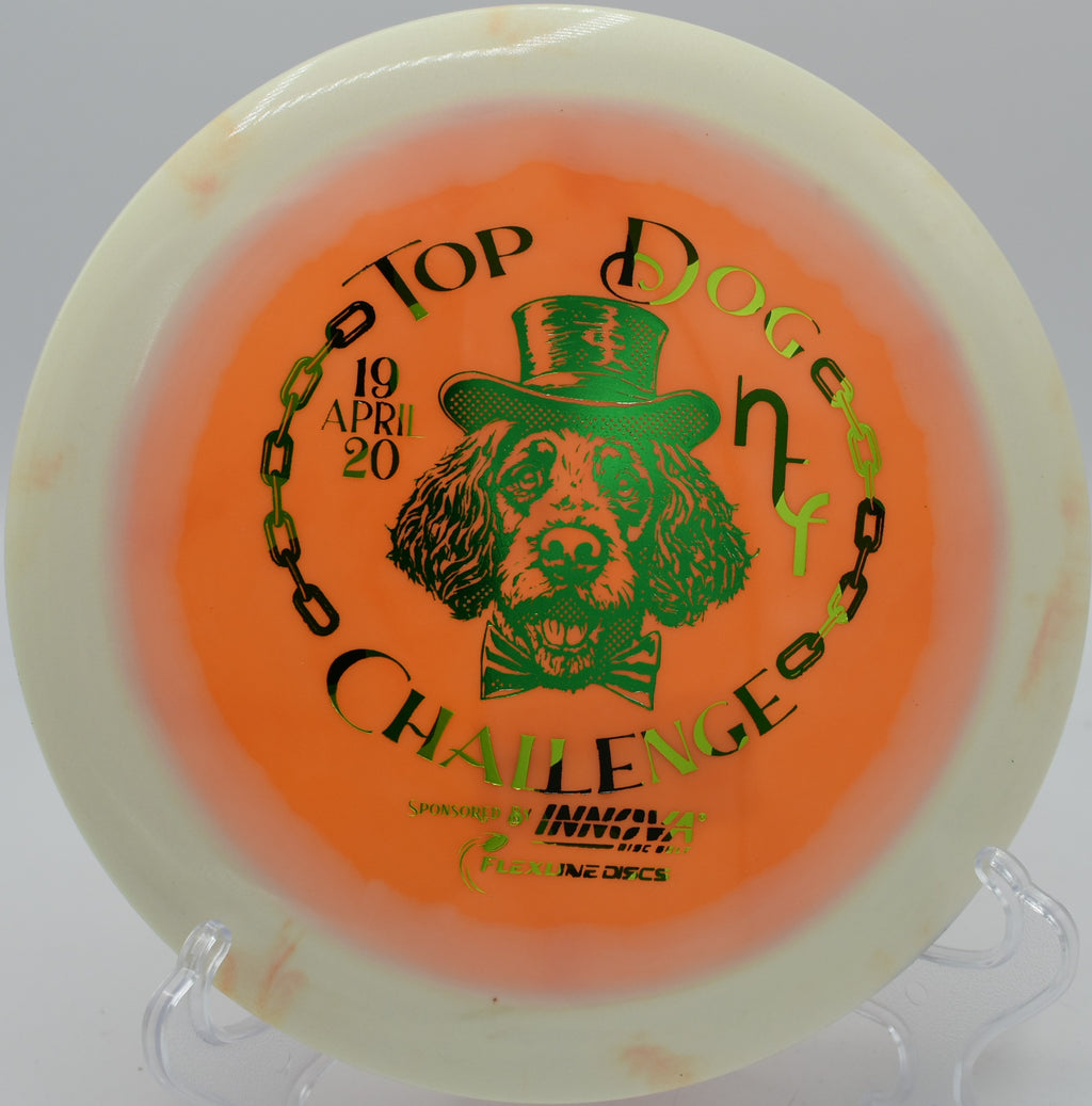 TFR Proto Glow Halo Star Destroyer Innova distance driver glowing across the fairway at Water Works Park Disc Golf Course in Kansas City, Missouri.