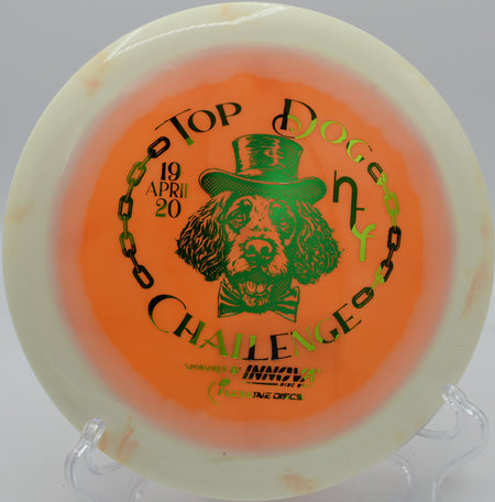 TFR Proto Glow Halo Star Destroyer Innova distance driver glowing across the fairway at Water Works Park Disc Golf Course in Kansas City, Missouri.