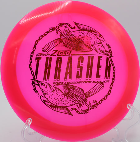 Discraft Z Glo Thrasher holding a long anhyzer on Hole 9 at Hidden Ridge Disc Golf Course, West Milford, New Jersey.