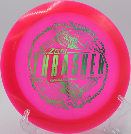 Z Glo Thrasher flipping up and soaring down the fairway on Hole 12 at The Rez Disc Golf Course, Brandon, Mississippi.