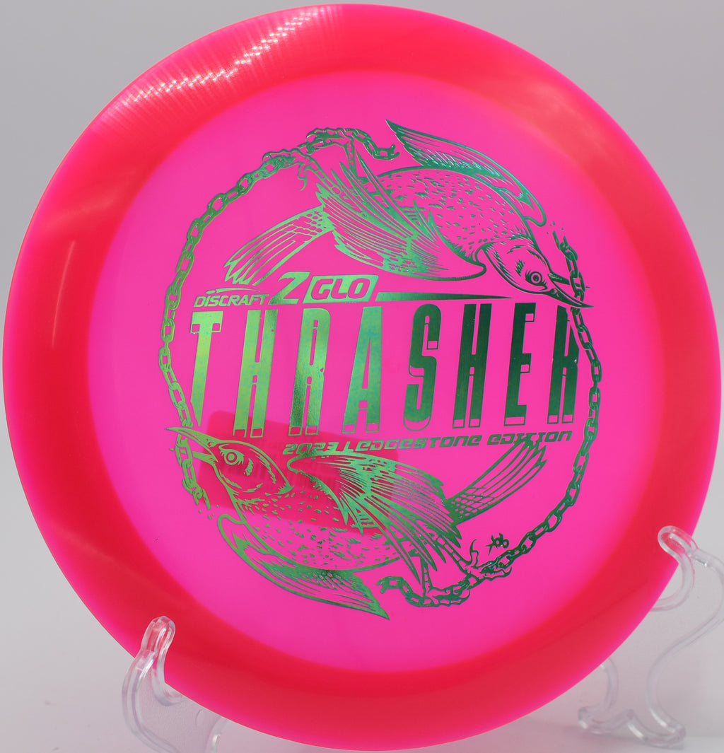 Discraft Z Glo Thrasher carving a max-distance flex shot on Hole 8 at Trophy Club Disc Golf Course, Trophy Club, Texas.