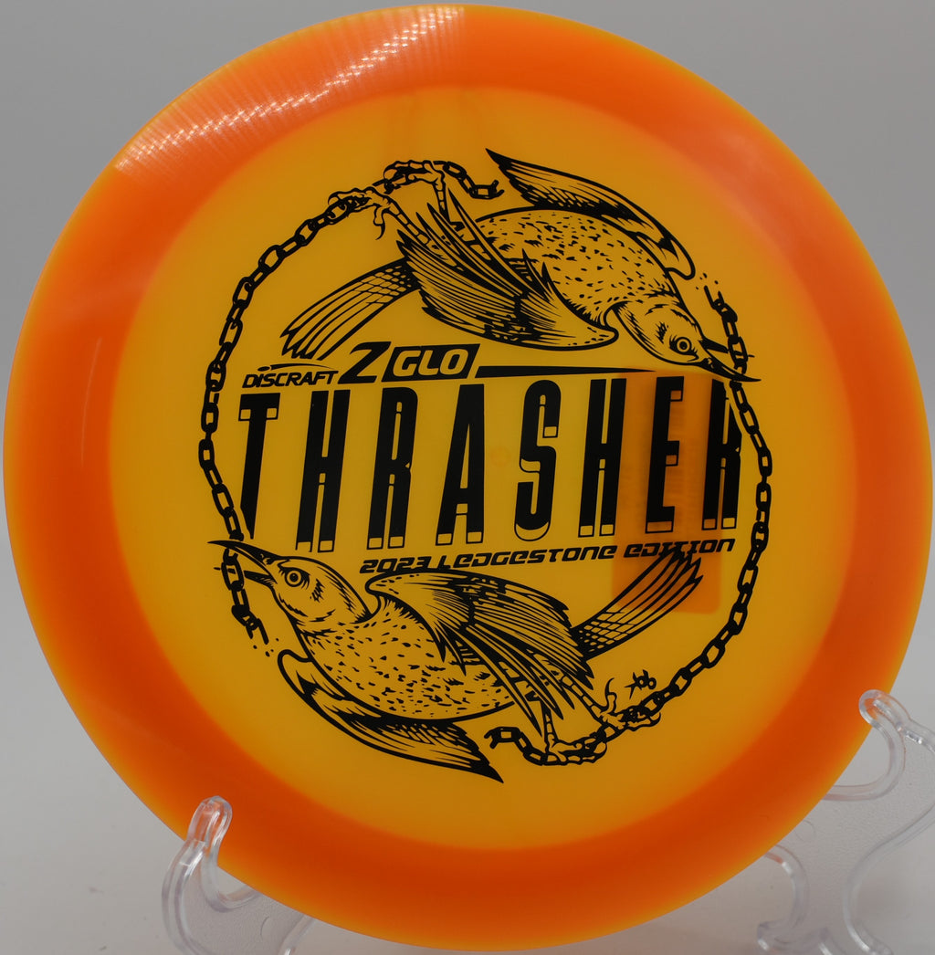 Discraft Z Glo Thrasher carving a max-distance flex shot on Hole 8 at Trophy Club Disc Golf Course, Trophy Club, Texas.