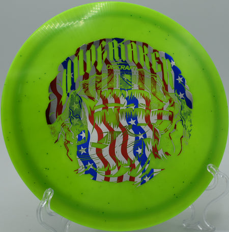 ESP Glo Sparkle Undertaker glowing as it holds a straight flight on Hole 6 at Rock Ridge Disc Golf Course, Pittsboro, North Carolina.