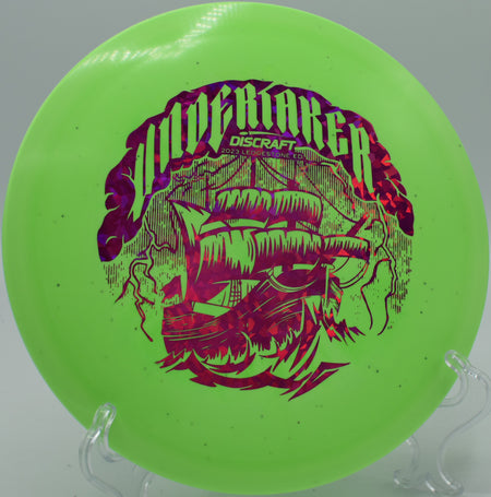 Discraft ESP Glo Sparkle Undertaker carving a smooth turnover on Hole 9 at Hidden Ridge Disc Golf Course, West Milford, New Jersey.