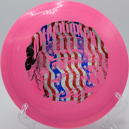 Discraft ESP Glo Sparkle Undertaker landing smoothly near the basket on Hole 7 at Blue Ribbon Pines Disc Golf Course, East Bethel, Minnesota.