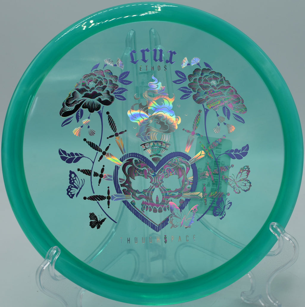 Overstable flight pattern of the Ethos Crux captured mid-skip at Veterans Park in Arlington, Texas