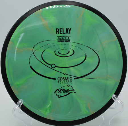 "MVP Cosmic Neutron Relay – Understable fairway driver for shaping tight lines and hyzer flips at Sabattus Disc Golf Course in Maine."