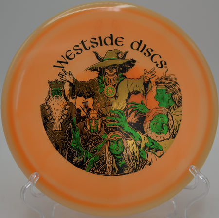 Westside VIP Moonshine Orbit Harp glowing forehand upshot parked at Maple Hill Disc Golf Course, Leicester MA