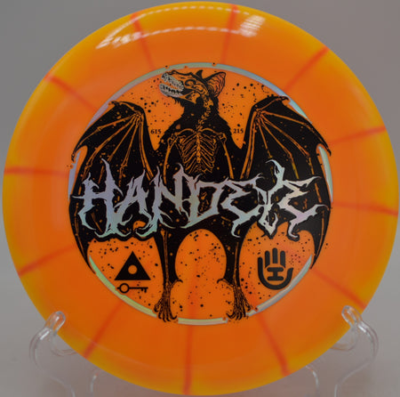 Lux Vapor Link Bat stamp driving off tee at DeLaveaga Disc Golf Course, Santa Cruz CA